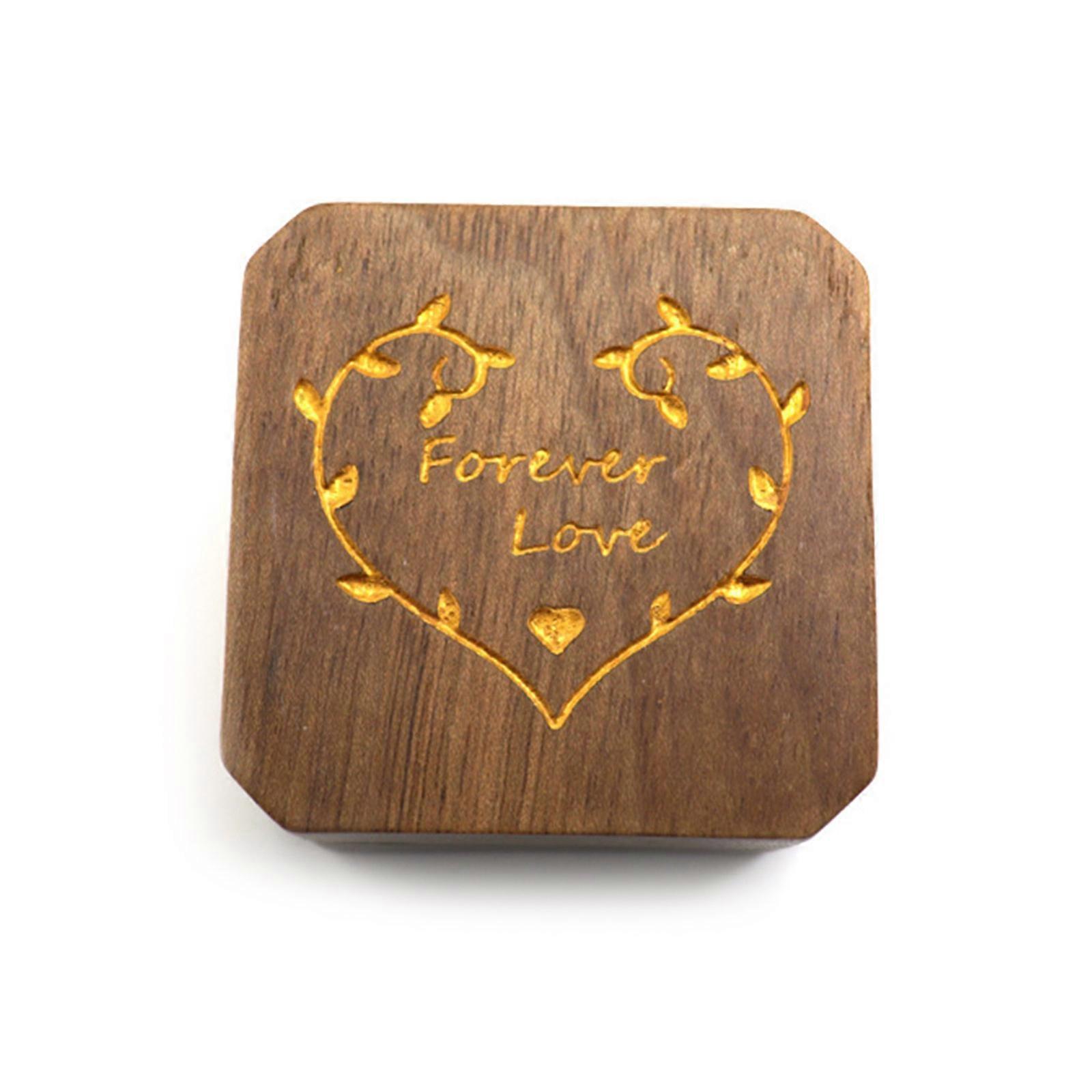 Wood Ring Box Square Shaped Holder with Heart Pattern Jewelry Handmade Case