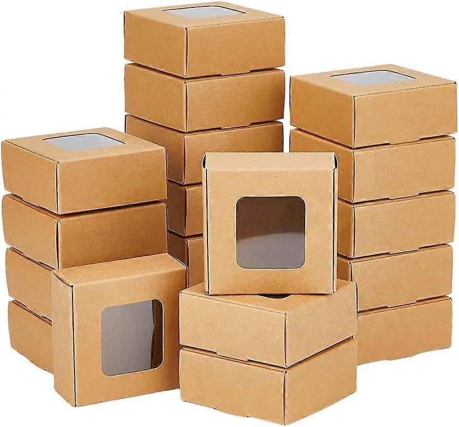 Kraft Paper Candy Storage Box with PVC Visible Window for Mini Cake Square BurlyWood 7x7x3cm