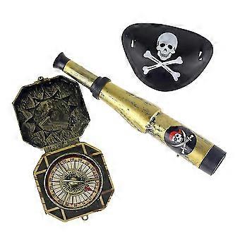 Children Kid's Pirate Party Toys Supplier Plastic Pirate Patch With Skull Dress Up Prop Compass Mini Telescope(1sets)