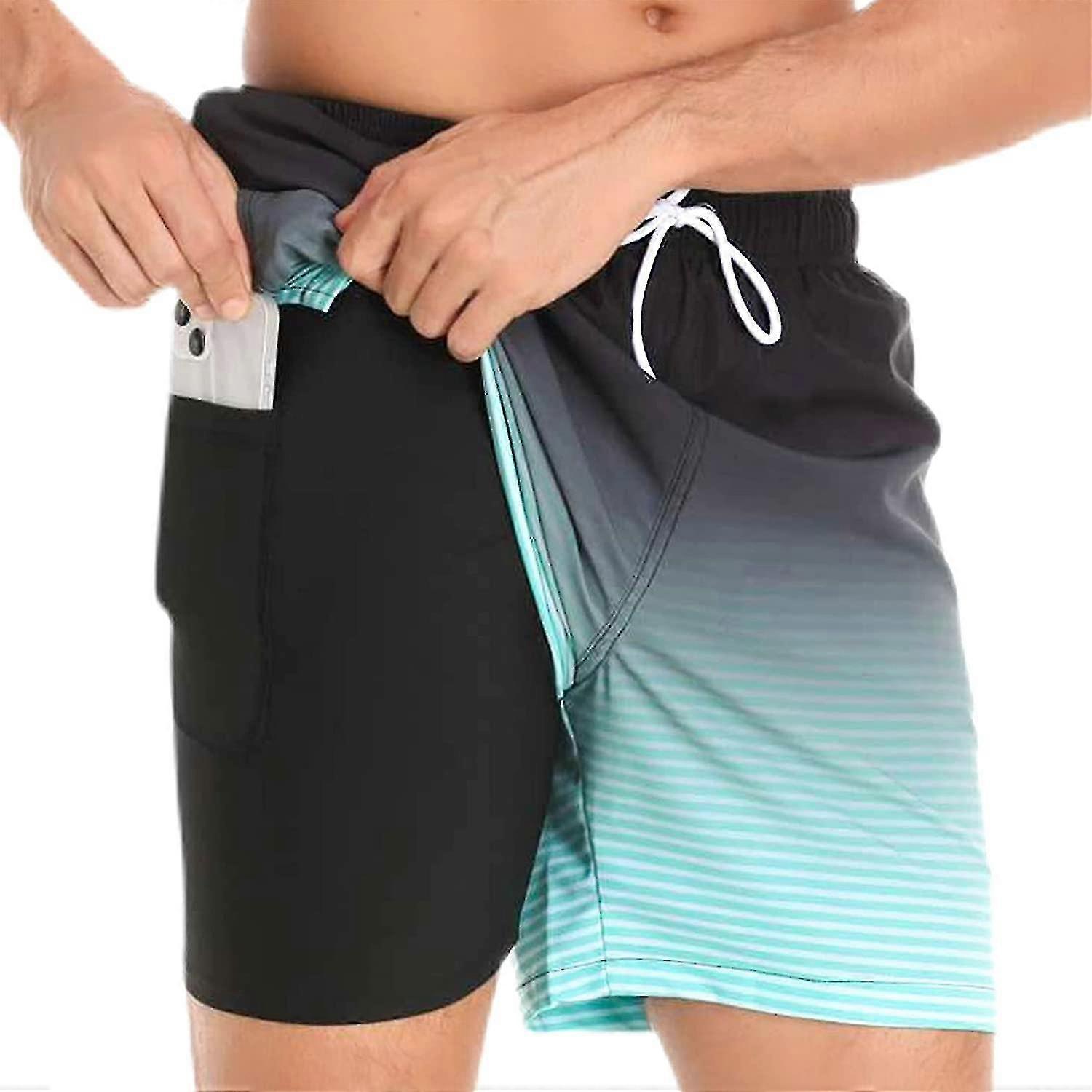 Shorts de bain Hommes, Maillots de bain avec doublure de compression 2 en 1 Quick Dry Stretchy Mens Swim Shorts Surfing Beach Shorts avec 2 poches zippées Xinm