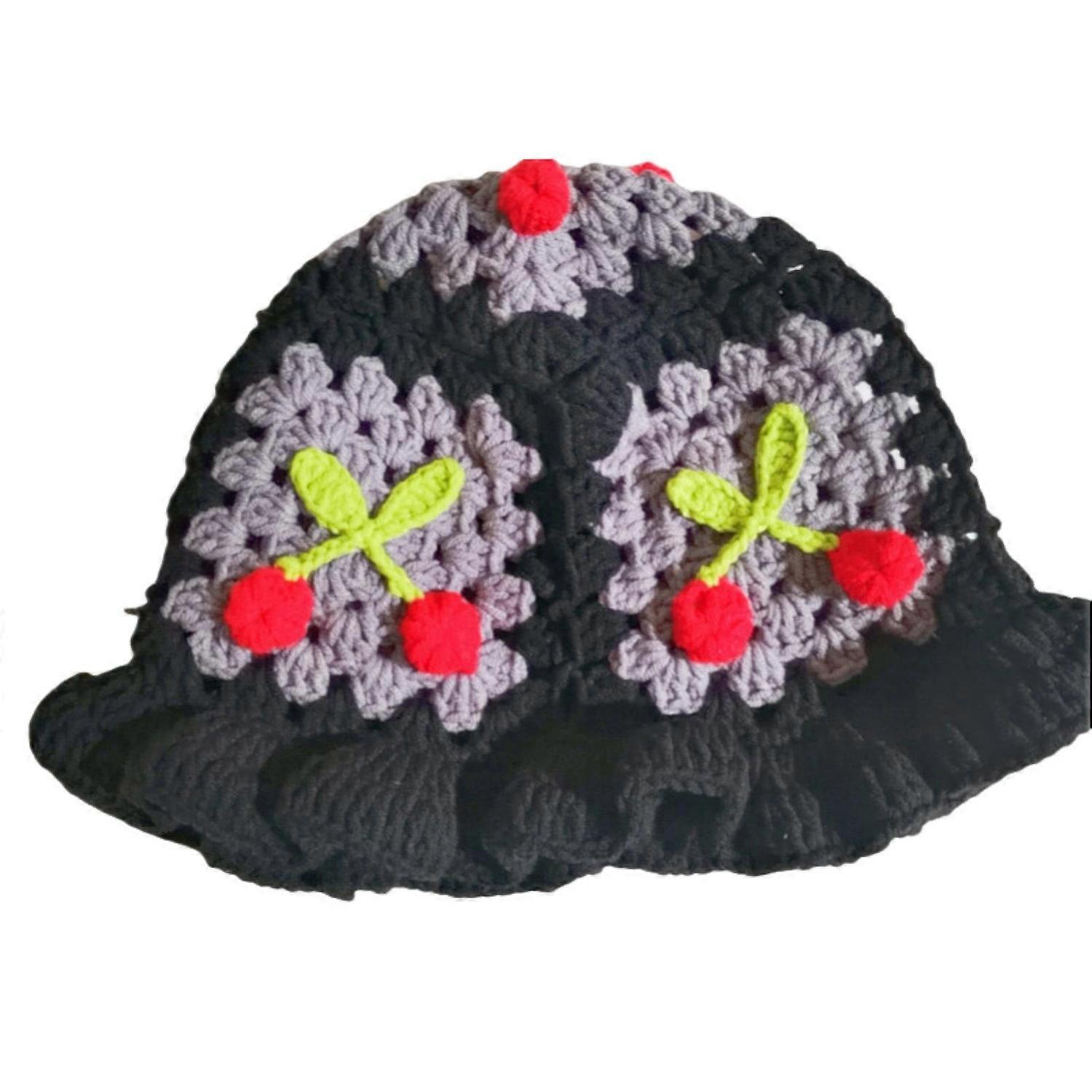 Cartoon Woolen Hat Cherry Applique Knit Hat Candy Color Children Headwear Bucket Hat Kids