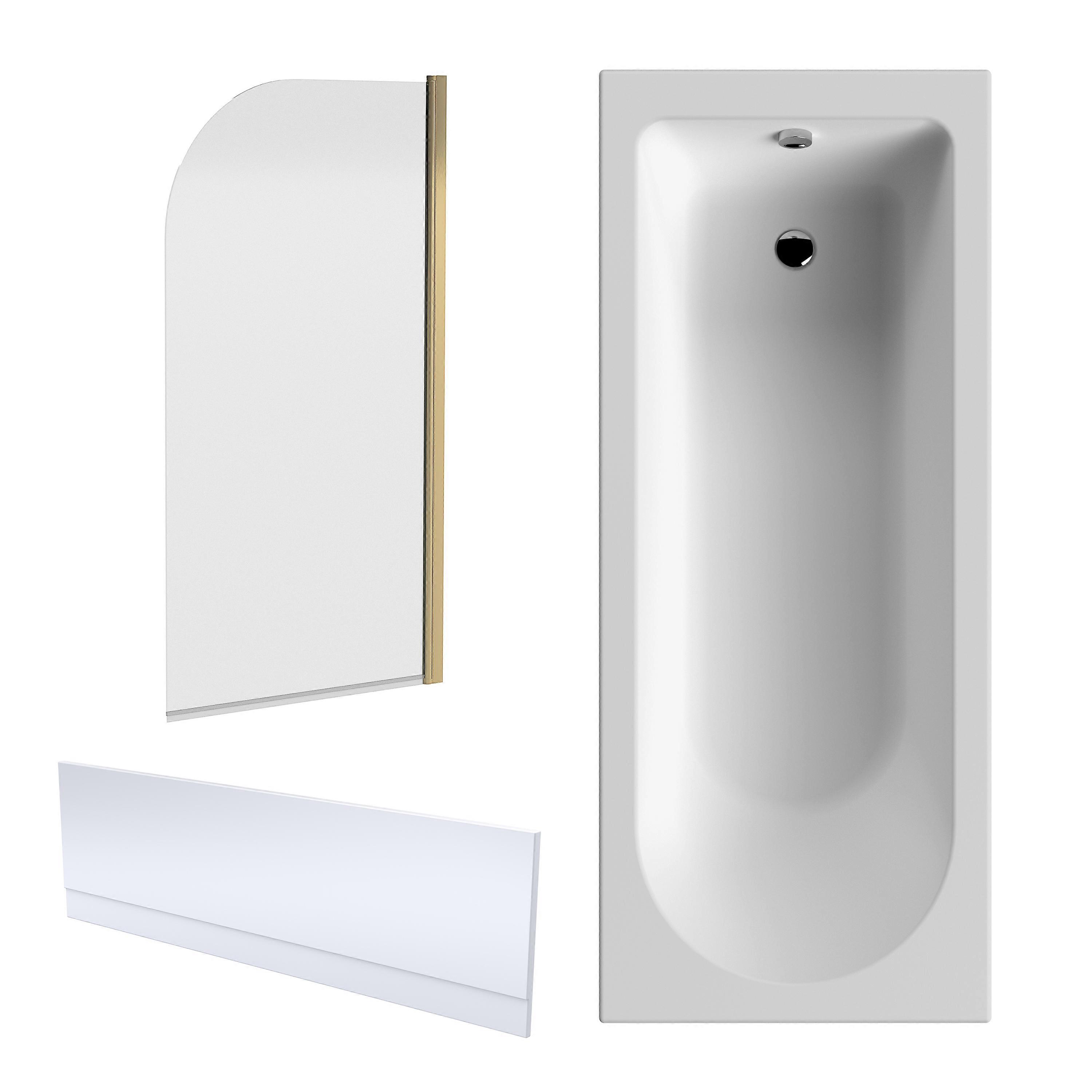 Round Single Ended 1700x700 Shower Bath Set - Front Panel, Brushed Brass Round Bath Screen & Leg Set