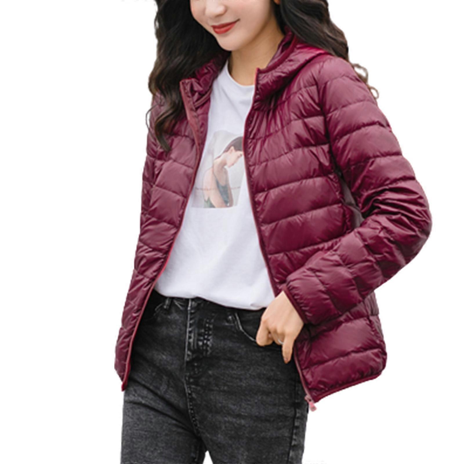 Jaquetas Puffer Curtas Embaláveis para Mulheres Jaquetas Acolchoadas Leves e Slim Fit com Zíper Casaco Acolchoado com Capuz e Bolsos Borgonha XL