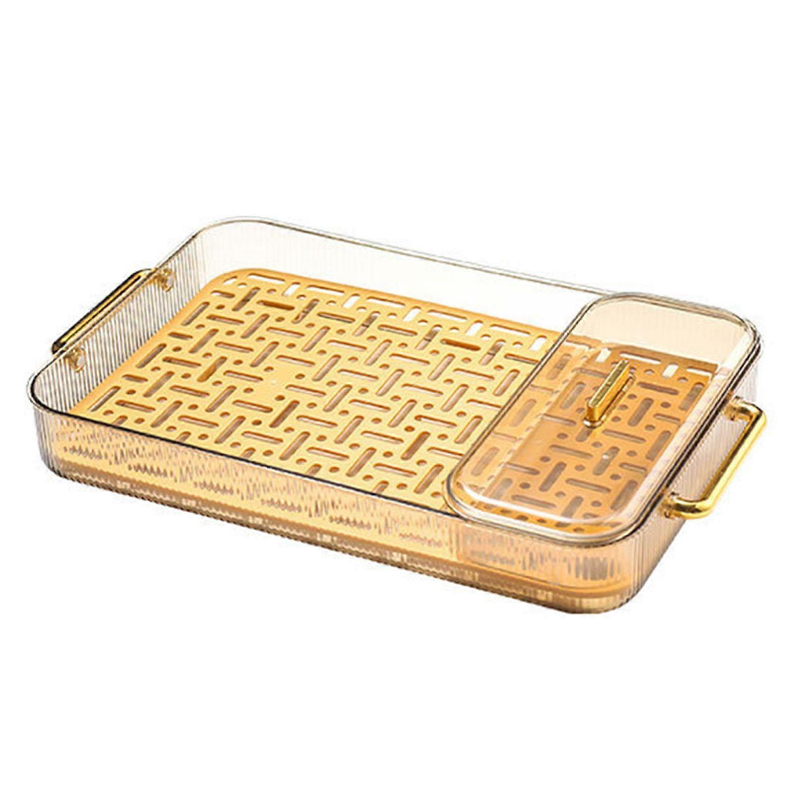 Double Layer Water Drainage Tea Tray with 2 Handle Decorative Fashionable Water Drainage Tea Serving Tray Gold with Storage Box