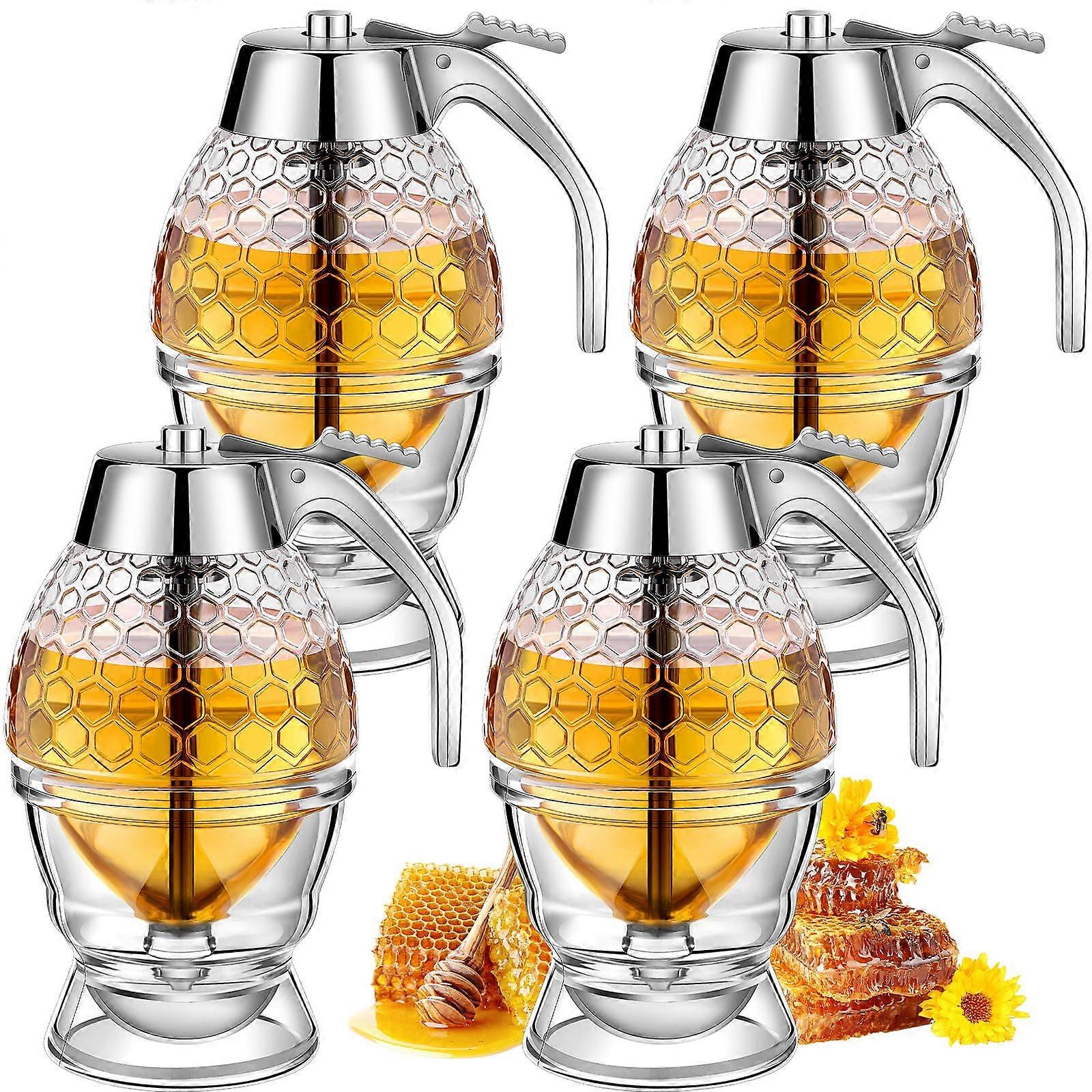 Honey Dispenser 4 Pcs Set, Beautiful Honeycomb Shape, No Drip, 8 oz Capacity for Honey and Syrup Storage