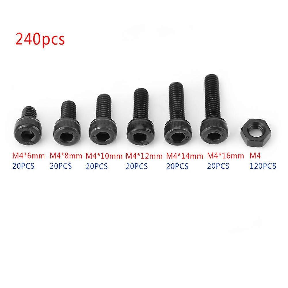 240pcs M4 Carbon Steel 6/8/10/12/14/16mm Hex Socket Head Cap Screws and Nuts Set