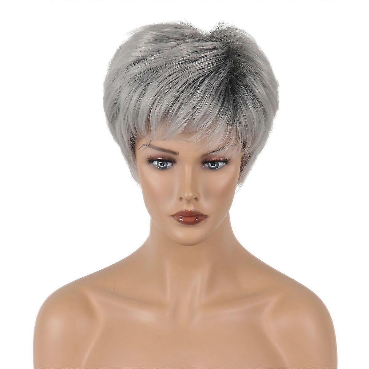 Gradient silver gray short wig, synthetic wig for women