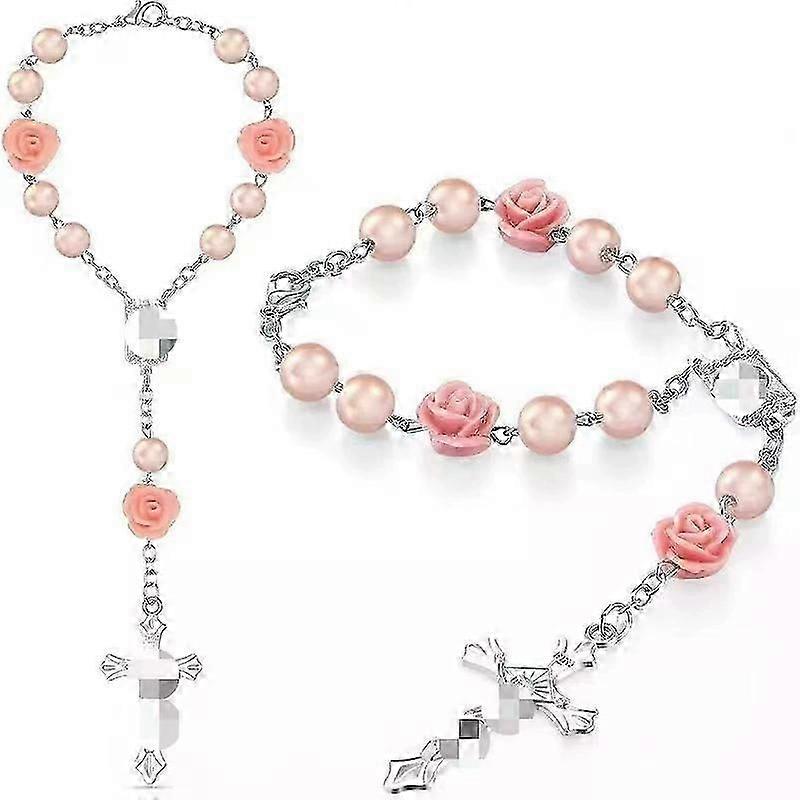 Rose Pearl Catholic Rosary Bracelet With Cross: Baptism Jewelry