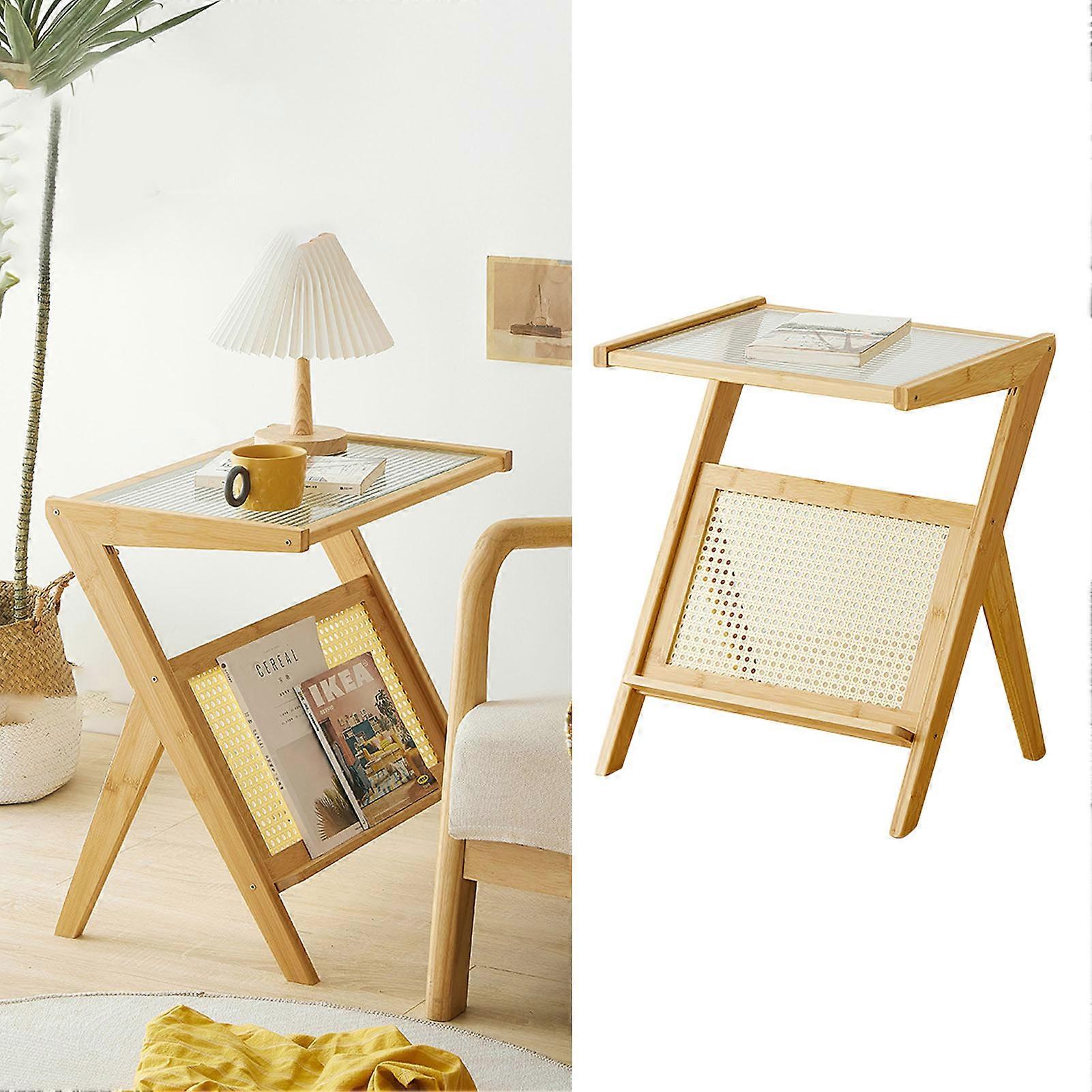 Sofa Side Table Bamboo Bracket Glass Tabletop Modern Decorative End Table Bedside Night Stand Home Decor 