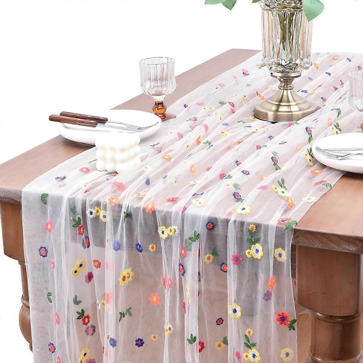 Daisy Motif Table Runner 100 x 150 cm, White Lace Tulle Fabric Tablecloth, Embroidered Lace Overlay Design