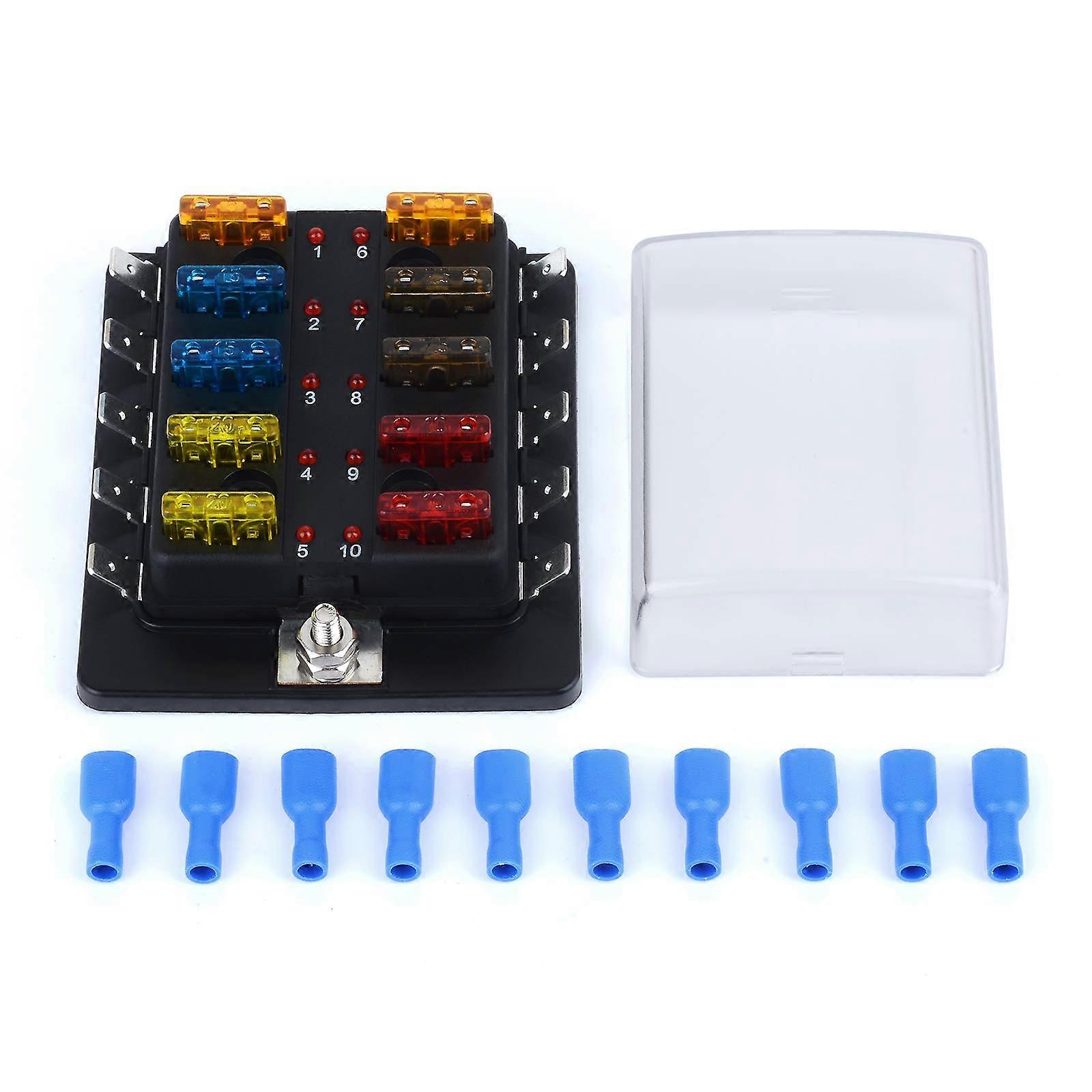 10 Way Blade Fuse Box Holder with Fuses Terminals with LED Warning Light Protective Cover for Car, Boat, Trike with Detailed User Manual