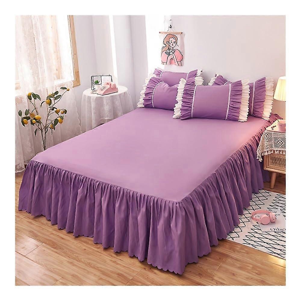 1/3X Ruffle Bed Skirt with Elastic Band for Single/Queen Mattress, Solid Purple Color with 2 Pillowcases Only