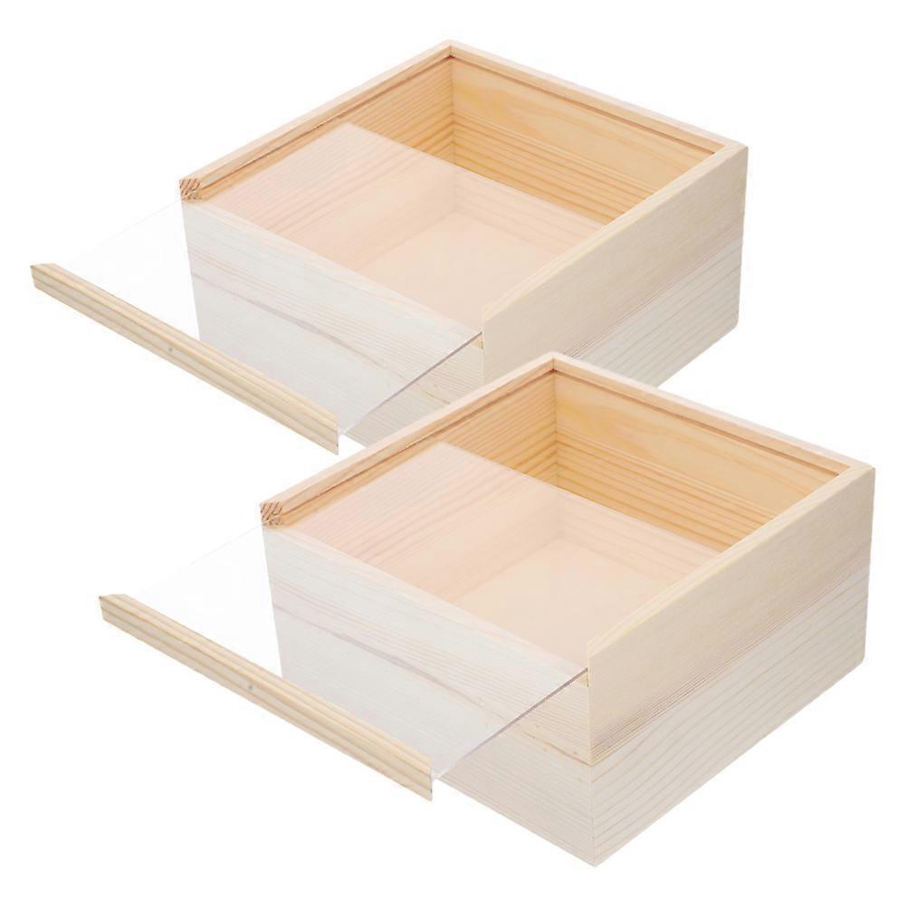 Beige Wooden Storage Box with Sliding Lid Made of Wood and Acrylic for Small Spaces 2 Pieces