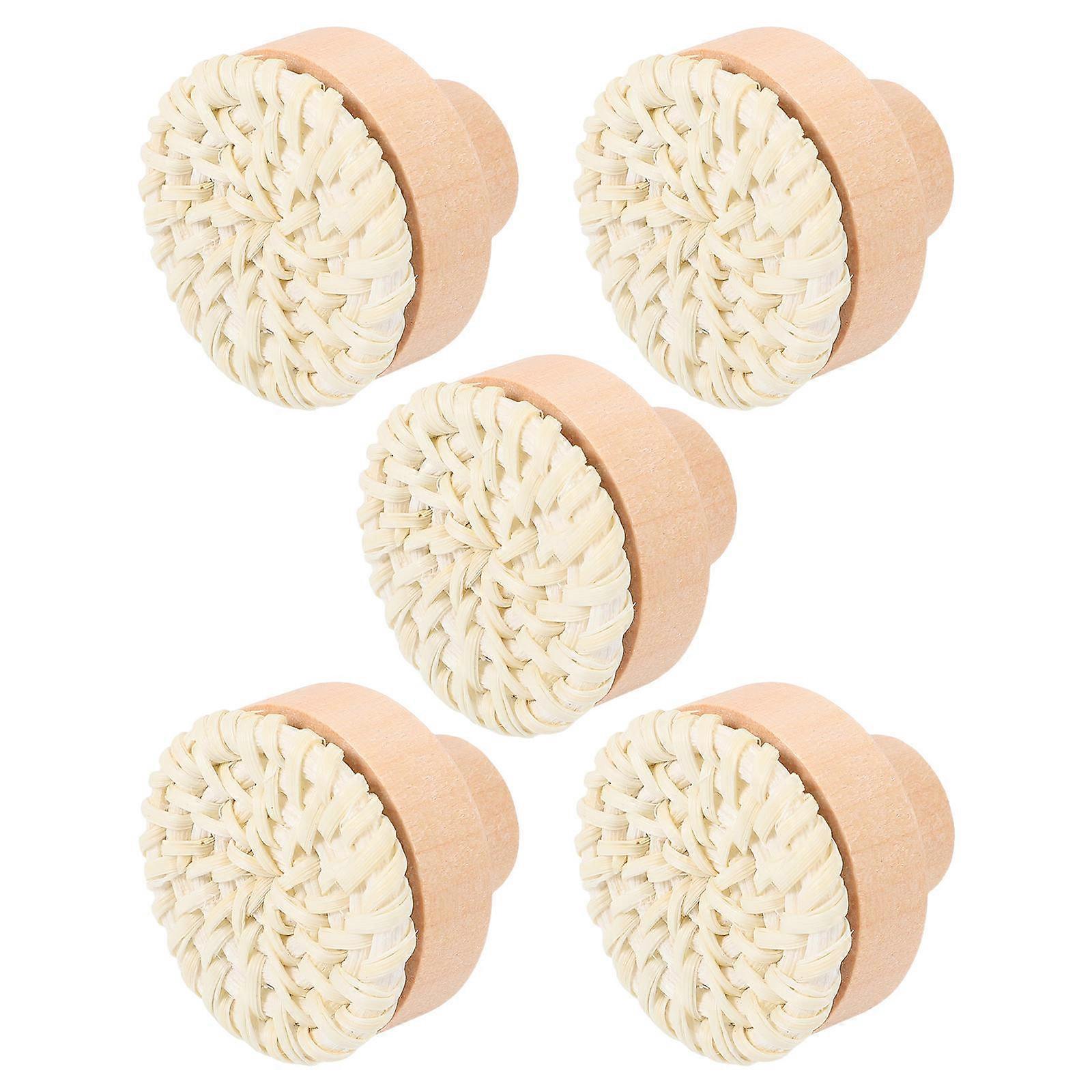 Beige Wooden Round Weave Handles for Door Use 5Pcs Rustic Drawer Knobs