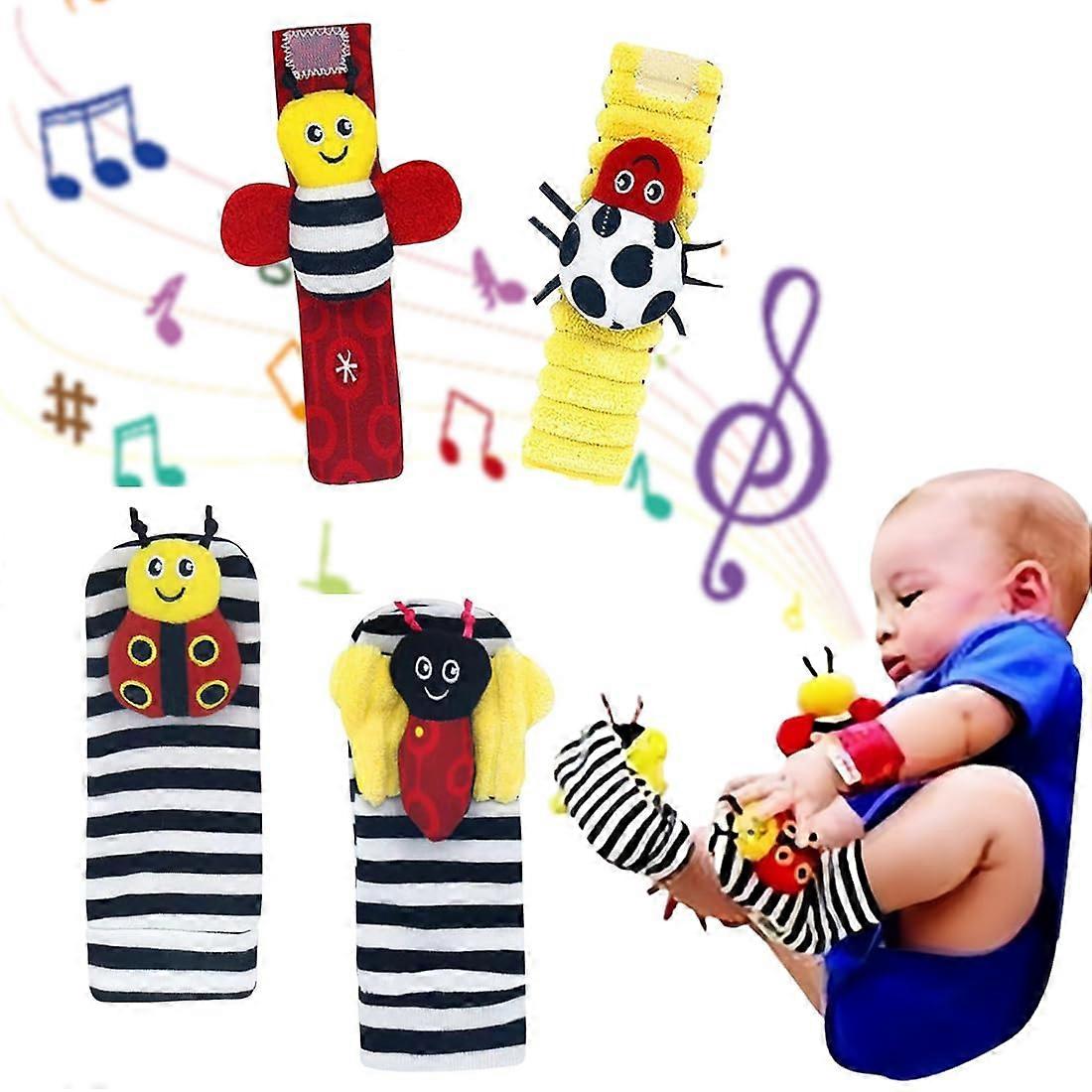 Baby Rattle Toy 4-Piece Wrist Rattle And Plush Socks Set For 0-12 Months, Insect-Themed Development Toys