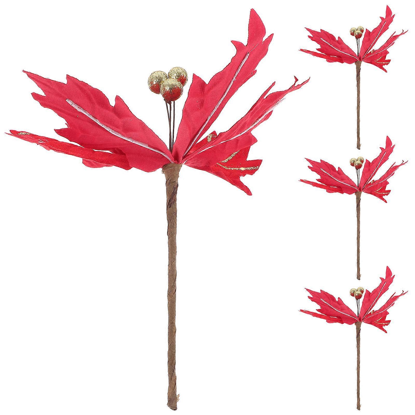 زخرفة الزهور الاصطناعية 4 قطع دعائم زخرفية تحت عنوان عيد الميلاد تخطيط مشهد أحمر اللون مثالي للزينة الداخلية في الهواء الطلق