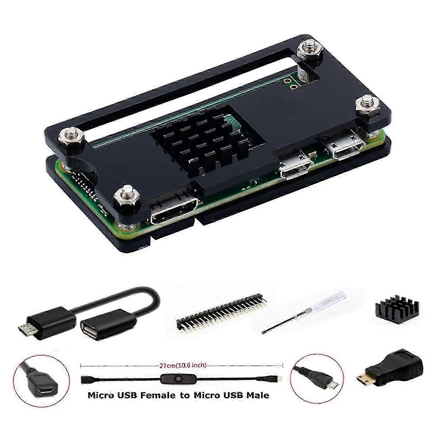 Raspberry Pi Zero 2 W/Zero W etui, 7-i-1 startsæt med akryl etui, GPIO-header, OTG-kabel, HDMI-adapter