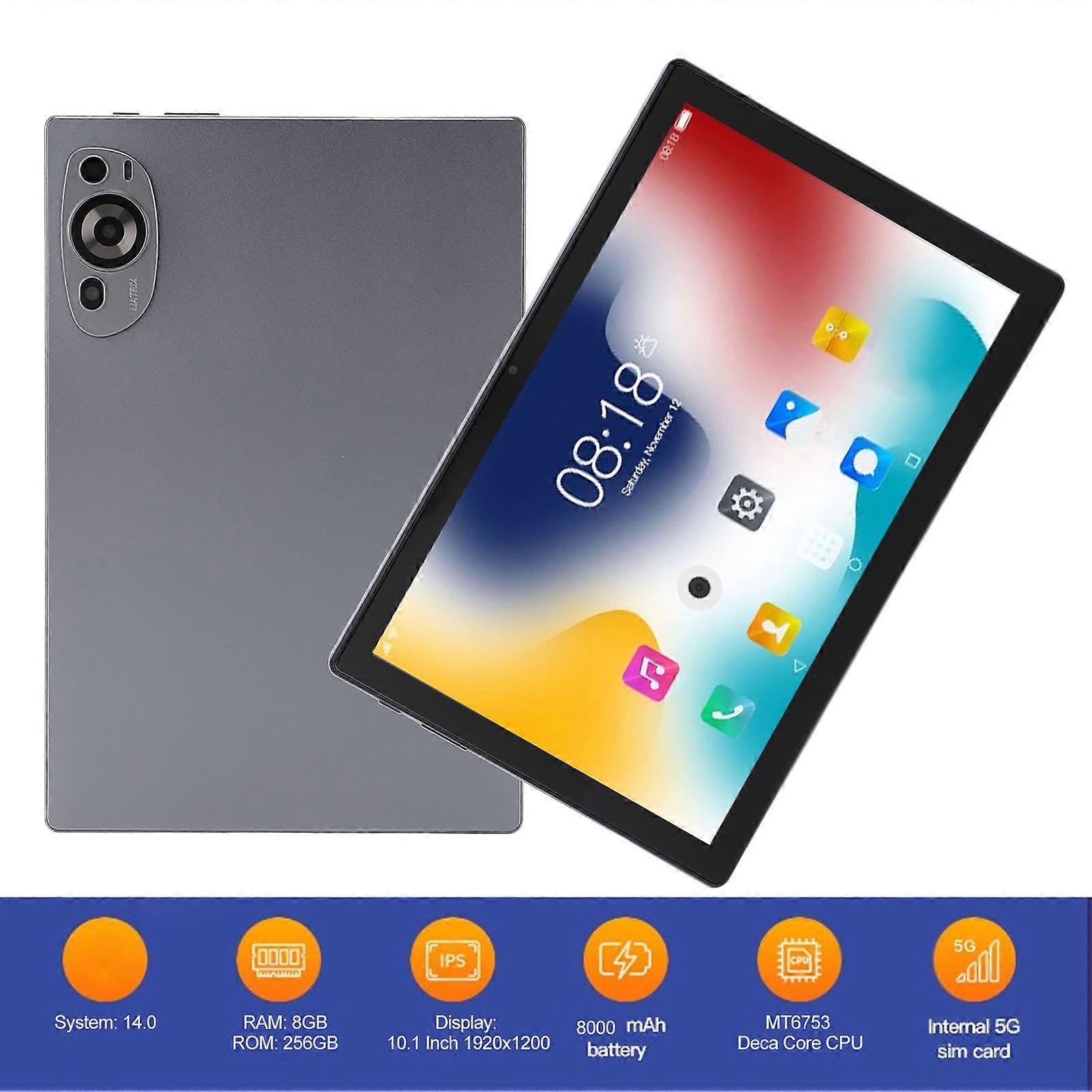 10.1" Tablet 8GB RAM 256GB ROM MT6753 CPU Android 14 Grigio
