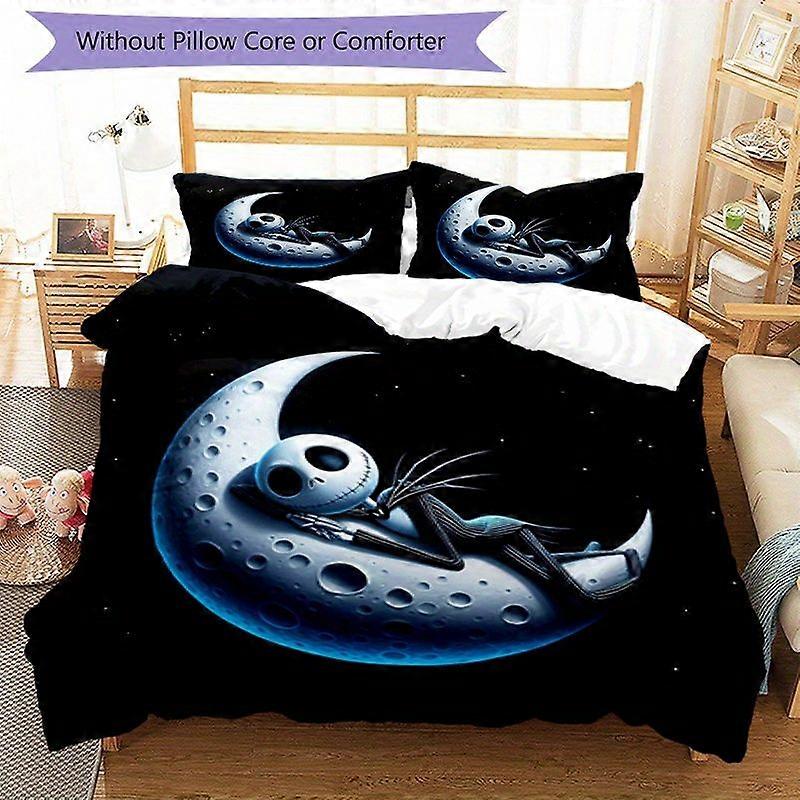 TE202 Jack Skellington Moon Print Bedding Set - Black and White Polyester Duvet Cover with Zipper Closure, 2 Pillowcases, Machine Washab
