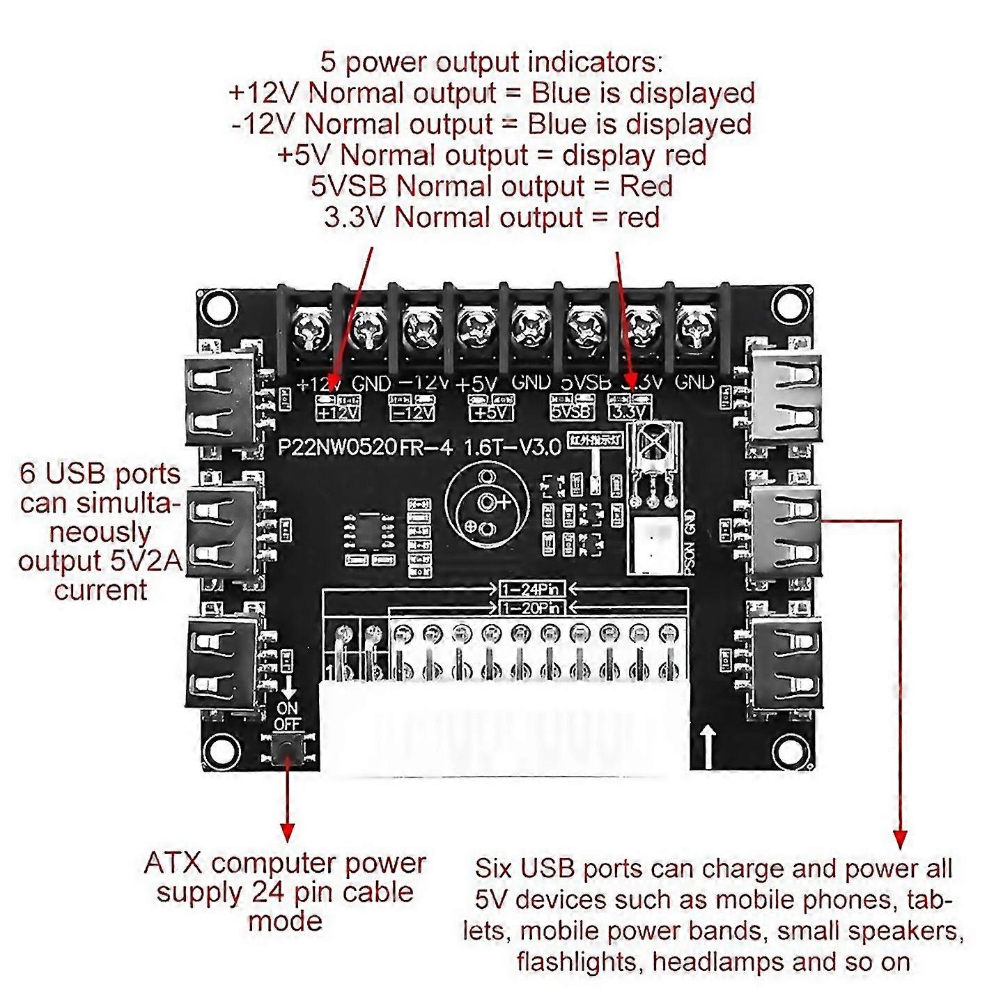 For 24 Pin20pin Atx Power Supply Breakout Board Module With