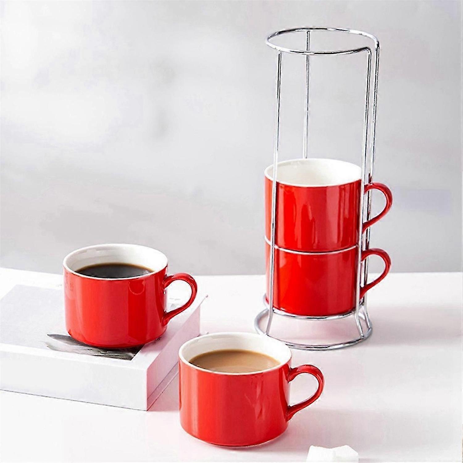 Porcelain Stackable Cappuccino Cups with Saucers and Metal Stand, D