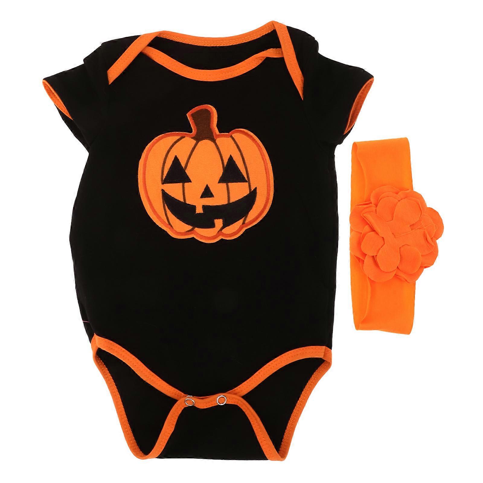 Newborn Baby Halloween Pumpkin Romper Short Sleeve Set Designed For Fall Events Featuring Soft Cotton Fabric 2-Pcs Set