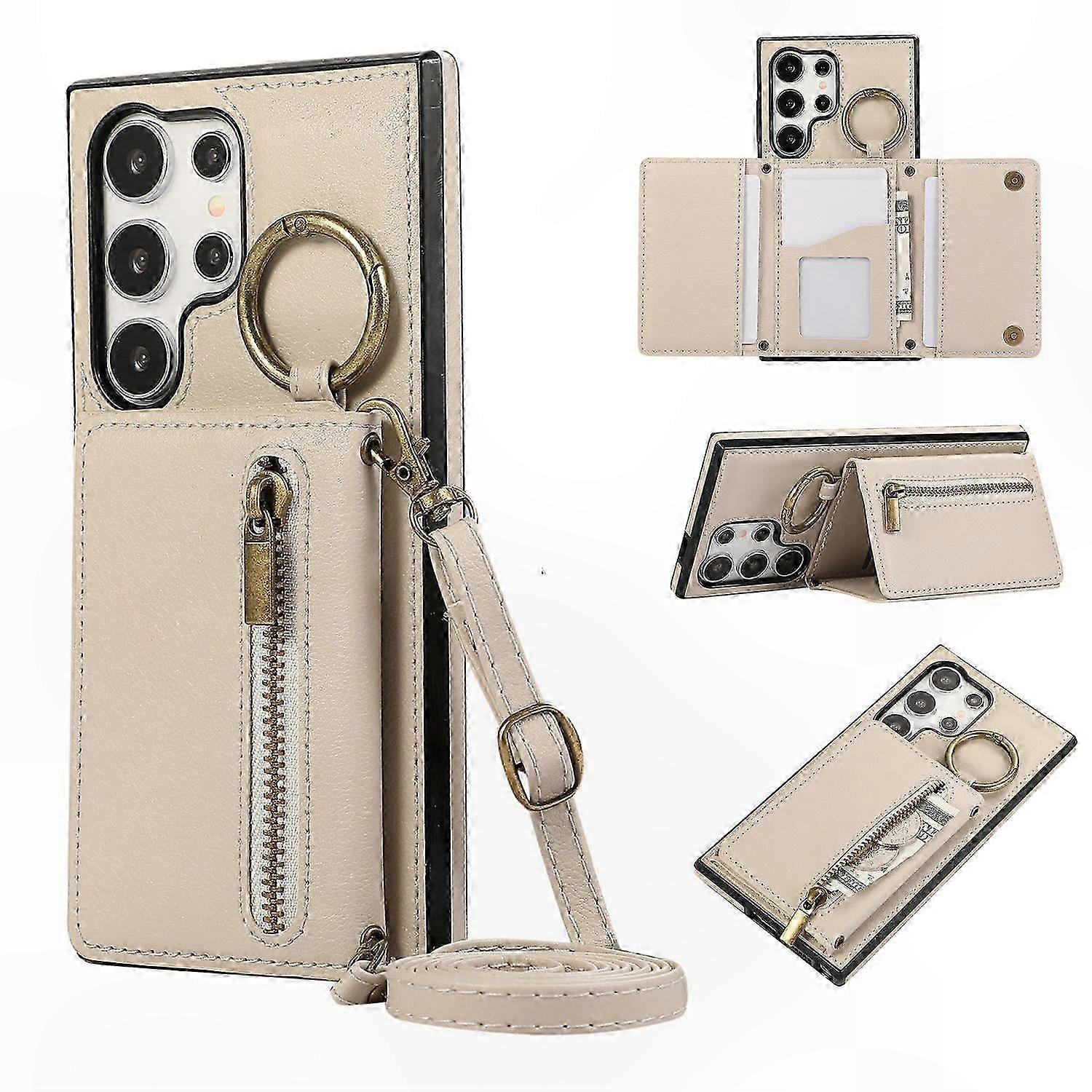 Leather Zipper Wallet Case with Kickstand for Galaxy S24 Ultra Shoulder Strap Compatible Phone Cover