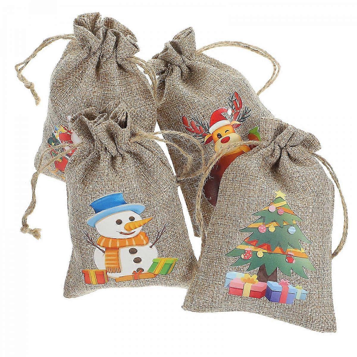 24pcs Christmas Drawstring Bags with Double Jute Strings – Candy & Snack Pouches Featuring Cartoon Snowman, Santa, Reindeer & Tree Designs for