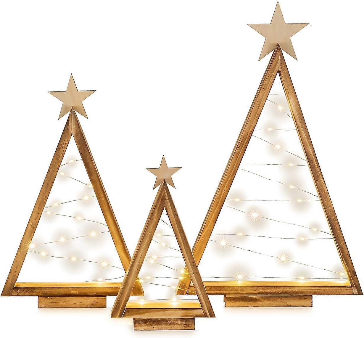 Christmas Tree Wooden Small Modern: Set of 3 Standing Pine Wood with LED Fairy Lights for Table Decoration