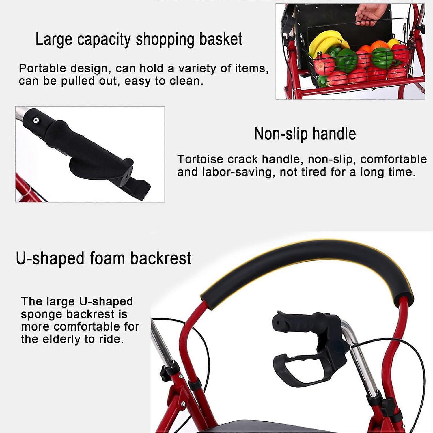 4Wheel Folding Rollator With Seat And Basket Adjustable Elderly Walker With Dual Brakes