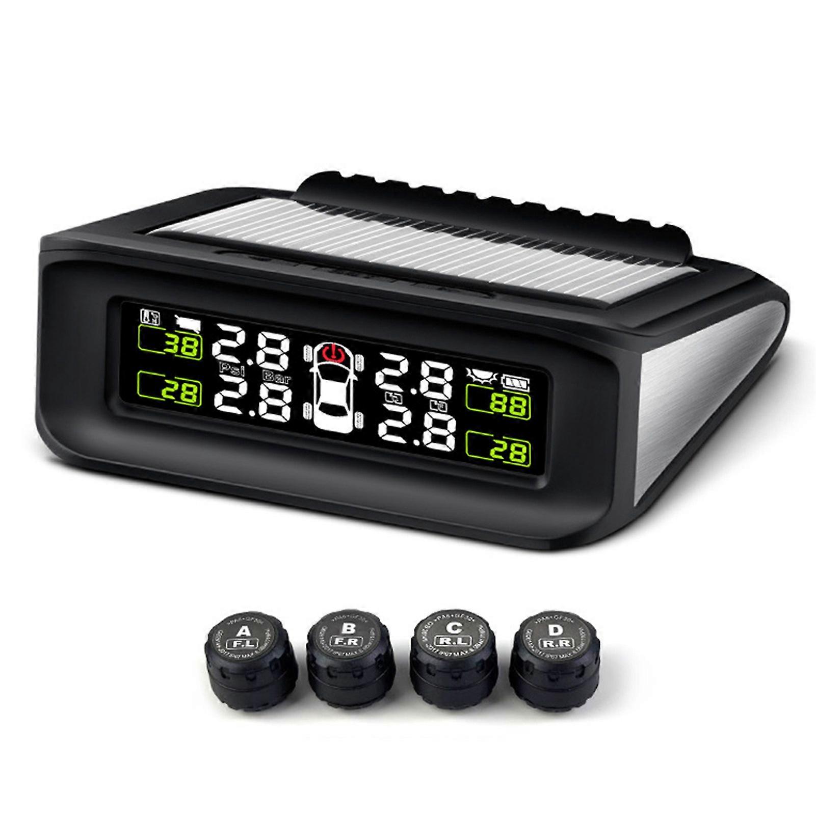 Wireless Solar Tire Pressure Detector for Cars with 4 External Sensors and Alarm Function
