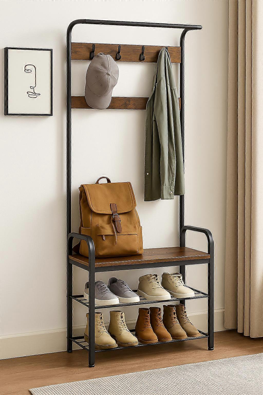 Industrial 4-in-1 Coat Rack With Shoe Bench – Hallway Clothes Stand With 9 Hooks
