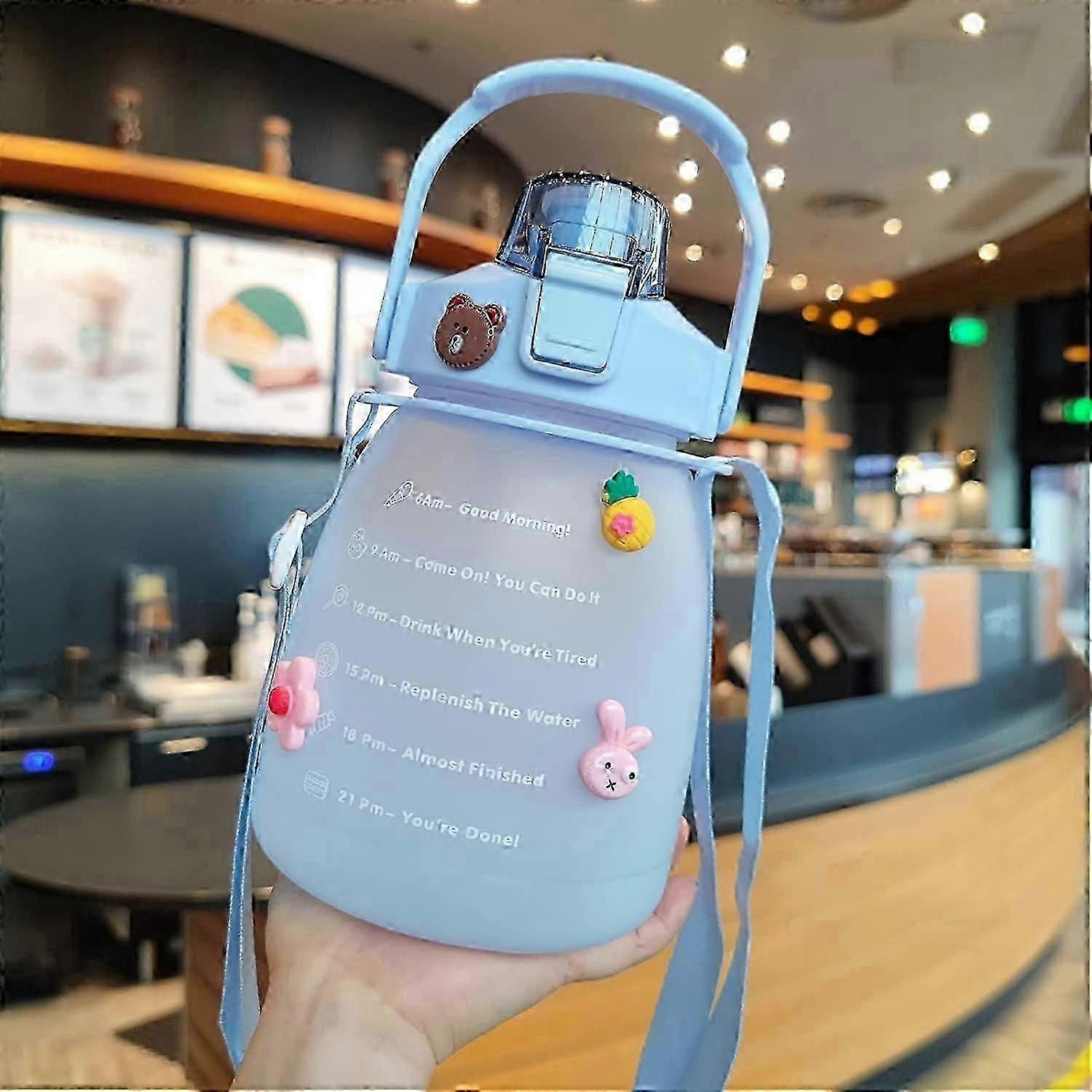 1.3L Straw Water Bottle, Large Capacity Kawaii Design with 3D Stickers, Portable for School