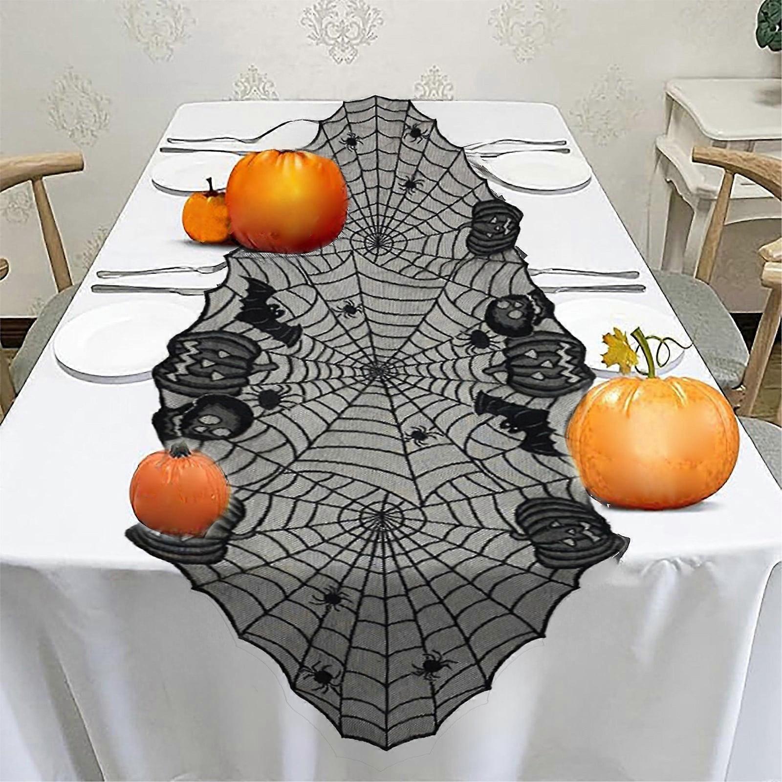 Ympuoqn Halloween Cobwebs Pumpkin Black Lace Table Runner Suitable For Long Table Round Table Or Candlestick Decoration Size 70.8x24.4 Inches