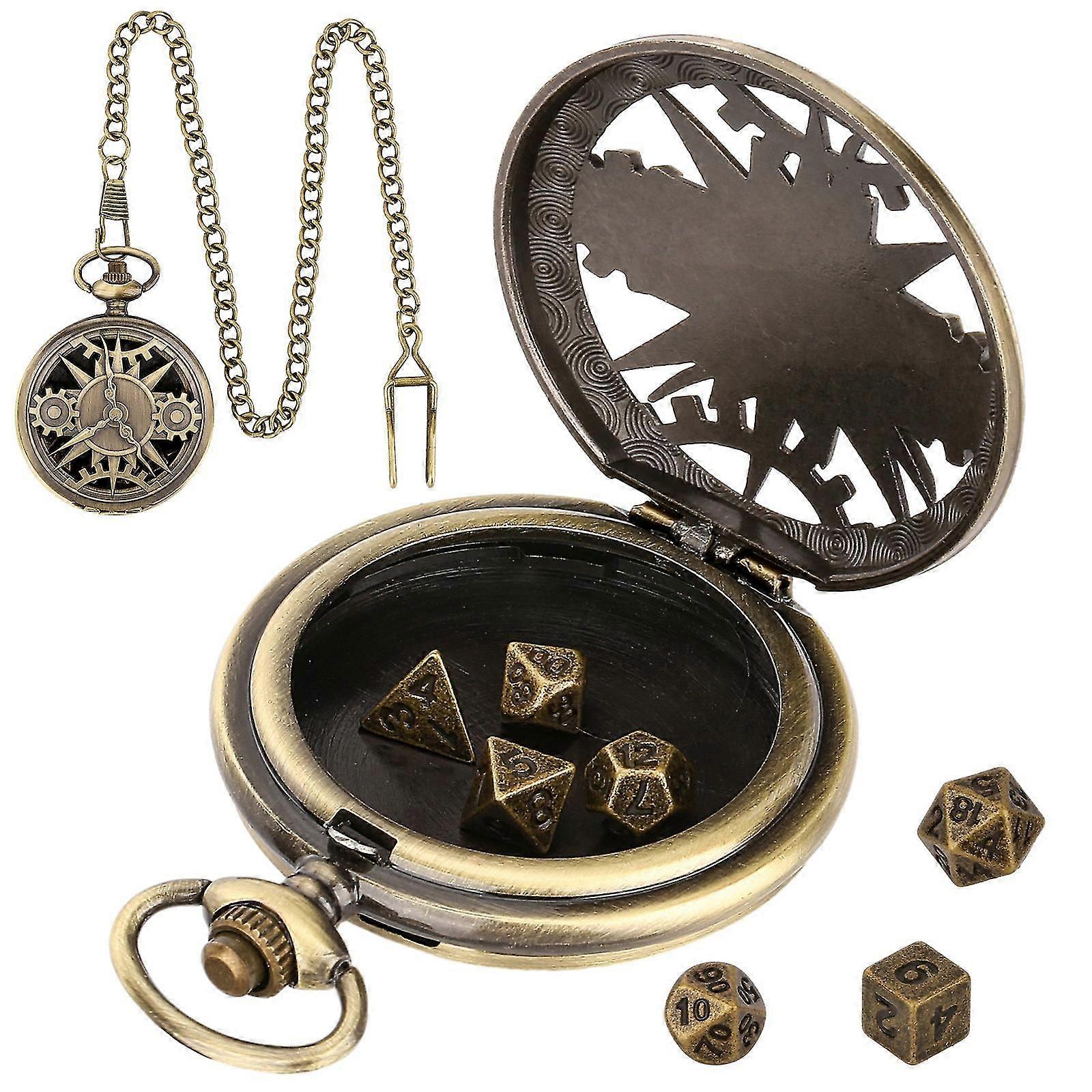 Mini DND Dice Set with Dice Set, 7 Polyhedral Metal Dice, Steampunk Style Watch, Bronze