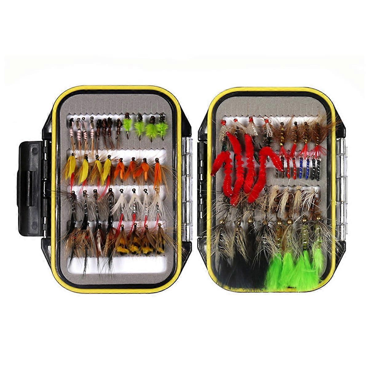 Assorted Fly Fishing Kit, 64 pieces, various types, trout and bass, includes portable fly box.