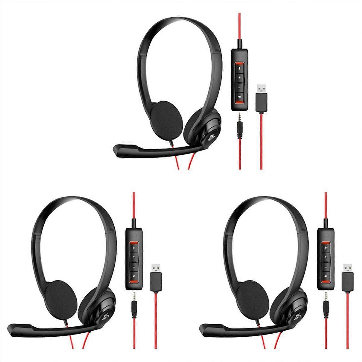 3X USB Headset with Noise Cancelling Microphone for Laptop Computer,On-Ear Wired Office Call Center 
