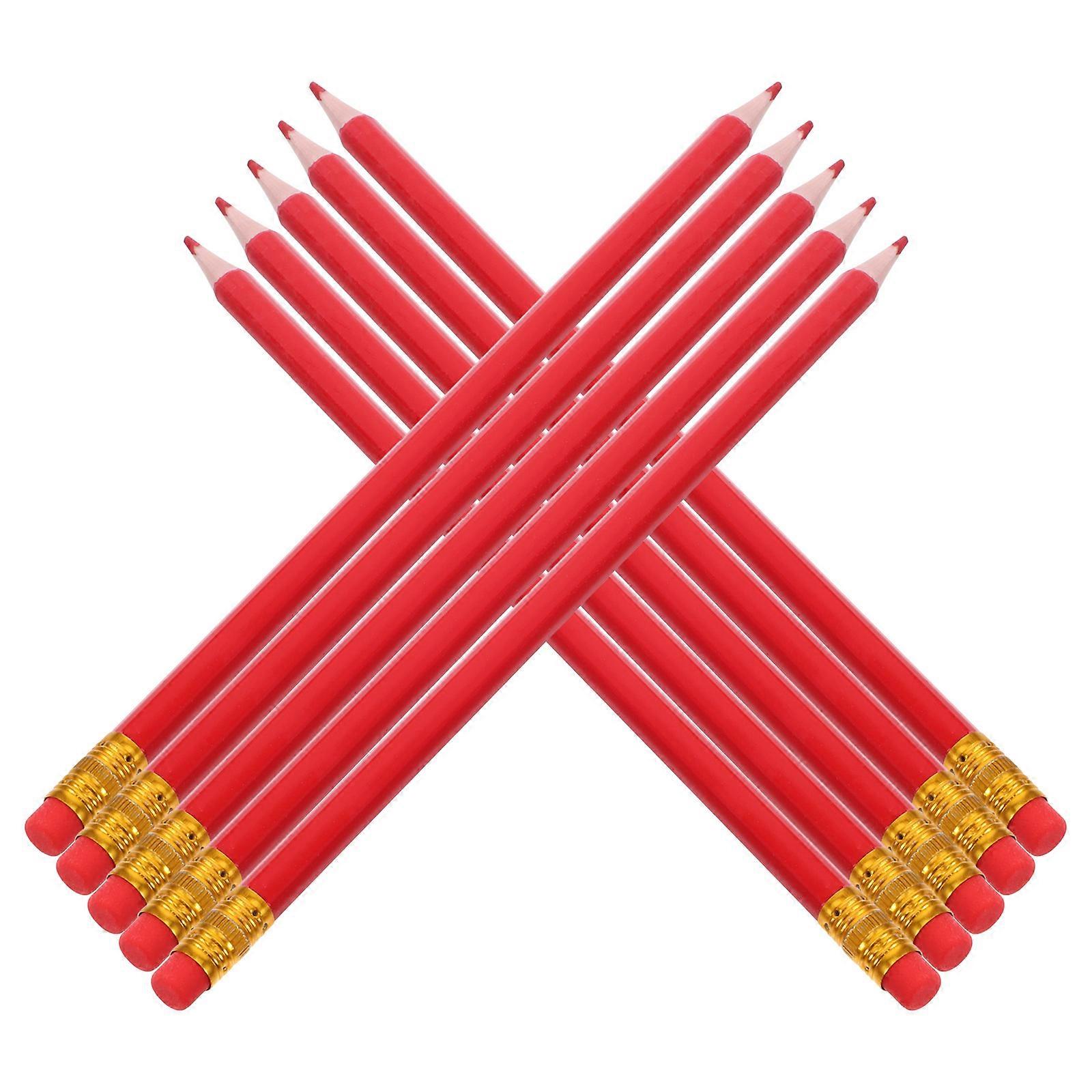 12Pcs Red Colored Pencils for Correcting with Hexagonal Design and Erasers