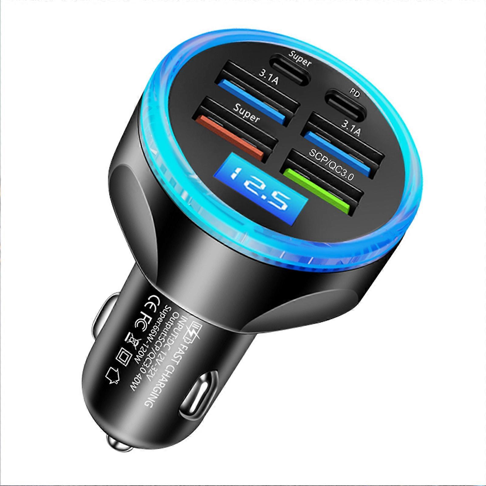 UYUXIO Full PD 30W USB C Car Charger with Voltage Display 6 in 1 Multi Port Super Fast Charge Adapter for iPhone Samsung MacBook