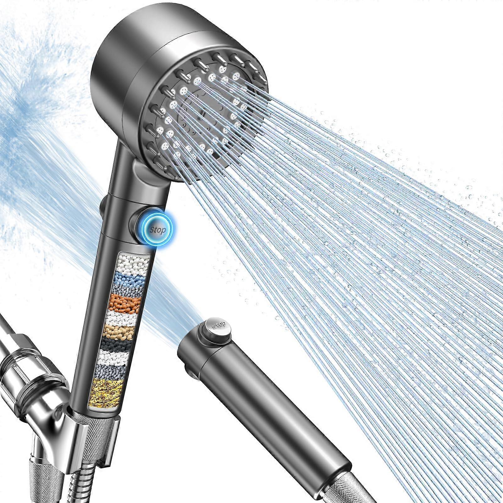 Pressure Filtered Shower Head with Handheld, 4 Spray Modes, Chlorine Removal, On/Off Switch, Gray