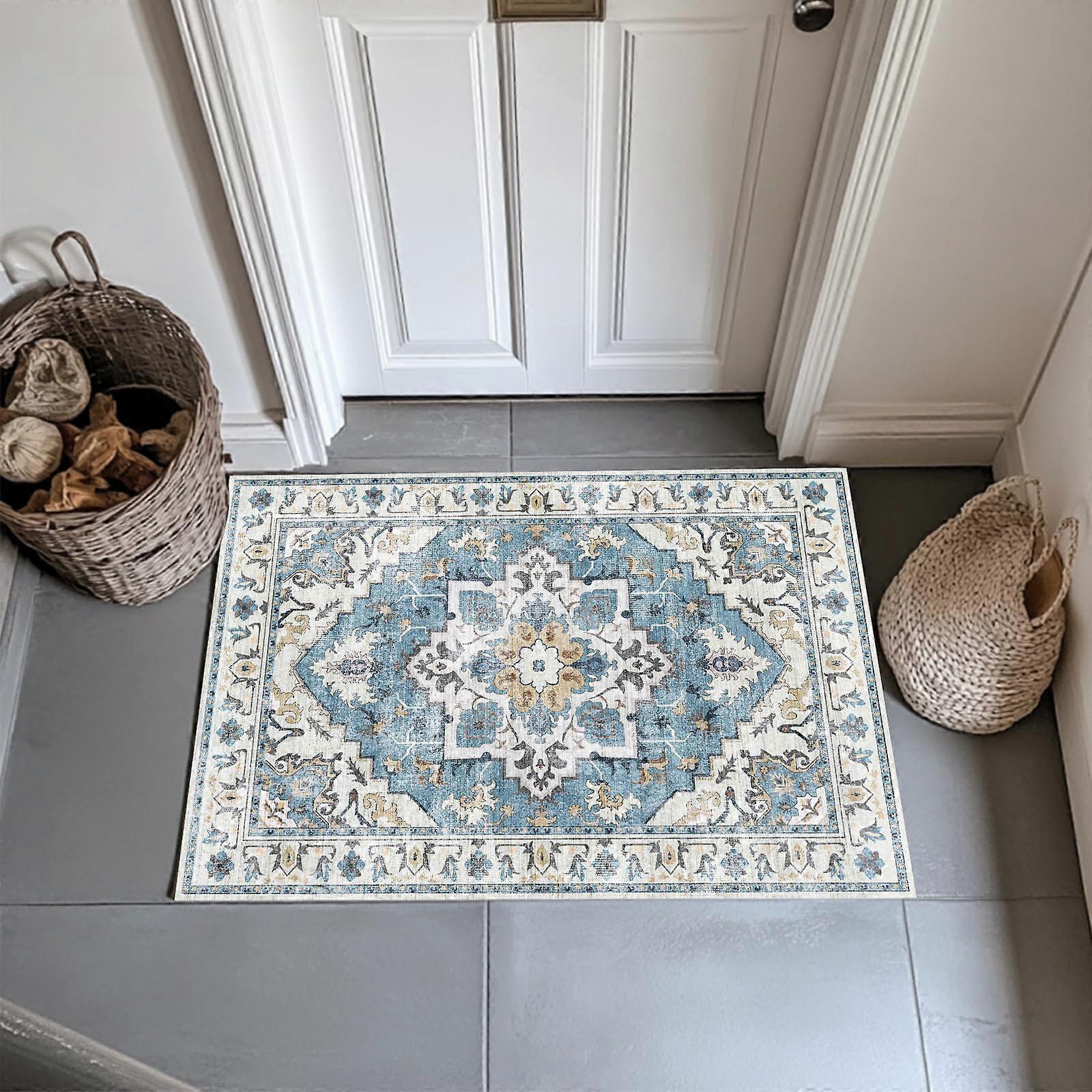 Washable Vintage Entryway Rug 2x3, NonSlip Low Pile Boho Faux Wool Door Mat with Rubber Backing, Blue