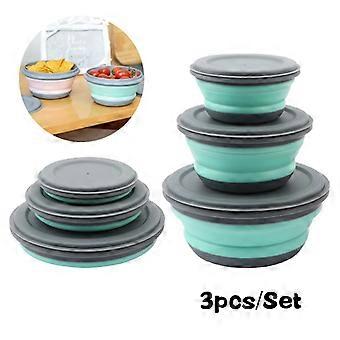 Conjuntos de tigelas de lancheira dobrável portátil Silicone 3 pçs / set Recipiente de comida Conjunto de talheres de acampamento ao ar livre Saladeira dobrável com tampa