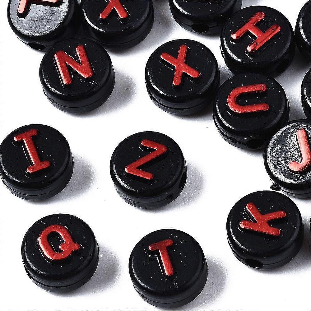 Opaque Black Acrylic Beads Flat Round with Random Letters FireBrick 9.5x6mm Hole: 2mm