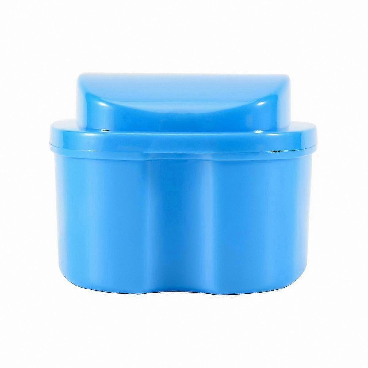 Denture Storage Box with Strainer and Basket, Blue Bath Cup for False Teeth