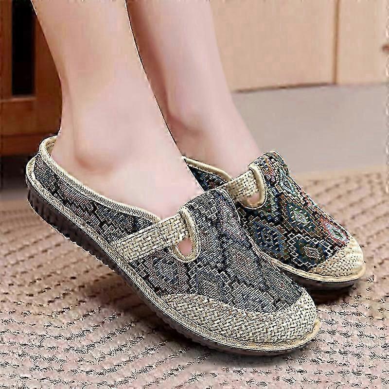 Women's Geometric Closed Toe Mules, Round Toe Non-slip Linen Cloges, Casual Slides Shoes
