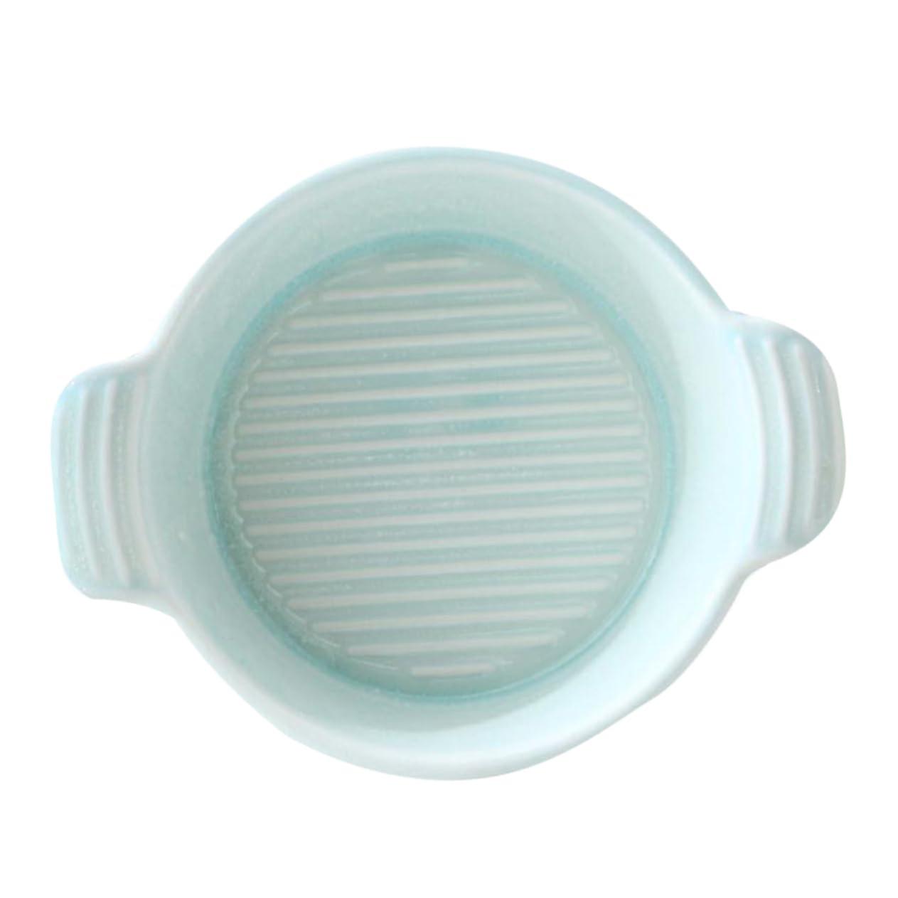 Ceramic Baking Dish with Double Ear Design, Microwave Safe Fluted Cake Pan, 14x11cm Green