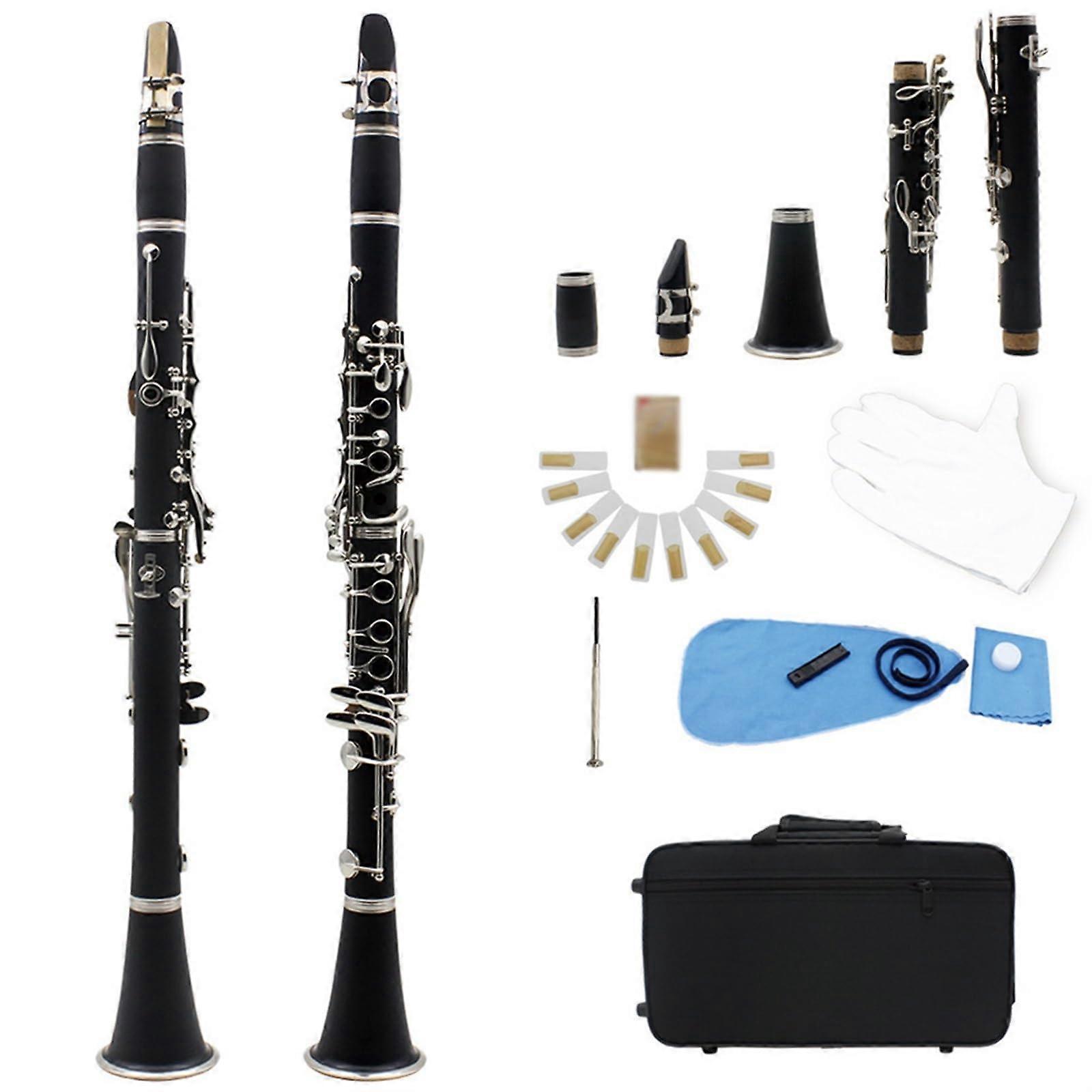 17 Key Bb Clarinet for Beginners with Case, Adjustable Barrel Student Clarinet Set Black