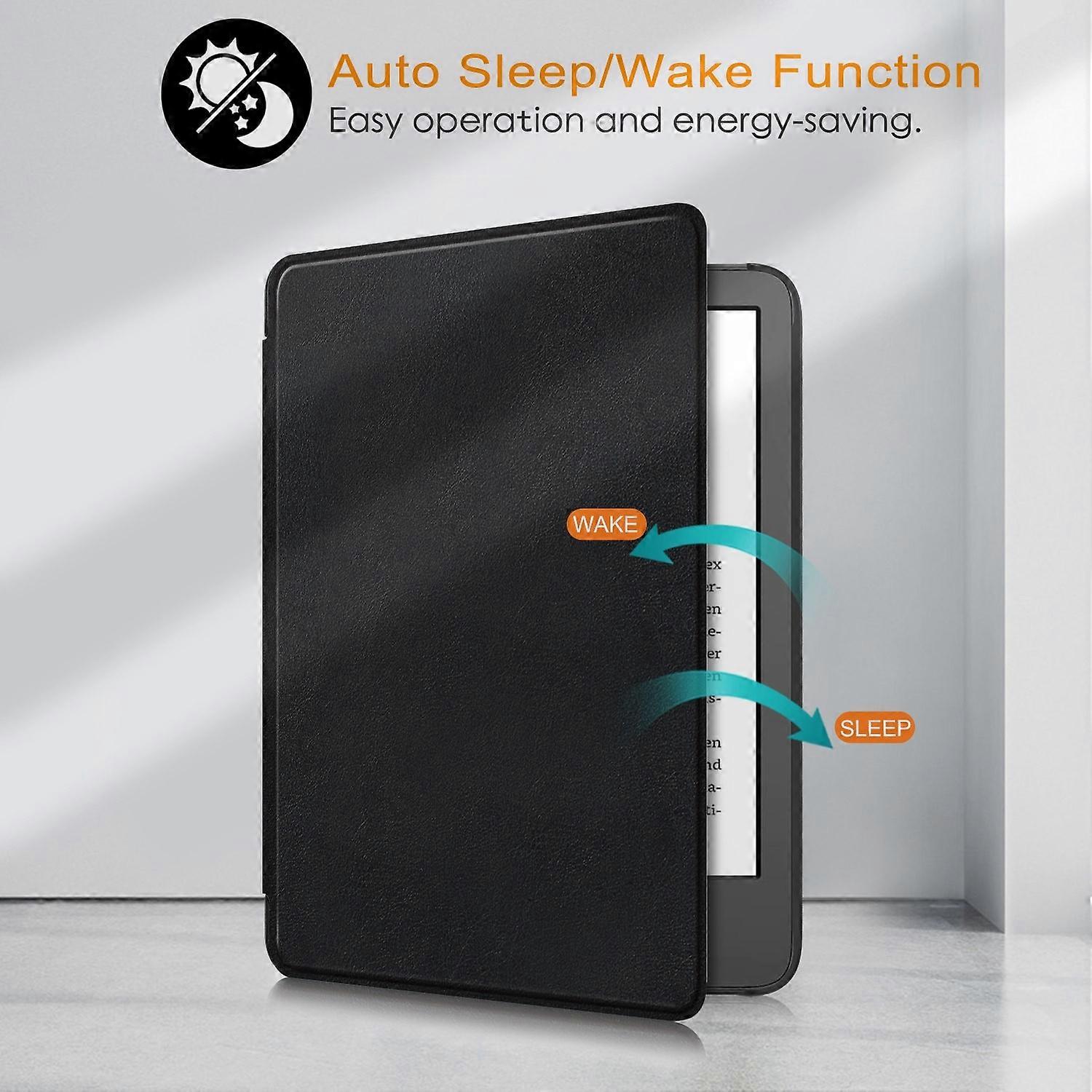 For Amazon Kindle 6" (2022) PU Leather Folio Case Auto Sleep/Wake Feature Solid Color Tablet Co