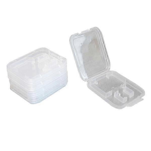 Five plastic memory card protectors, compatible with Kingston, Transcend, SD, Micro SD, and T-Flash cards (transparent).