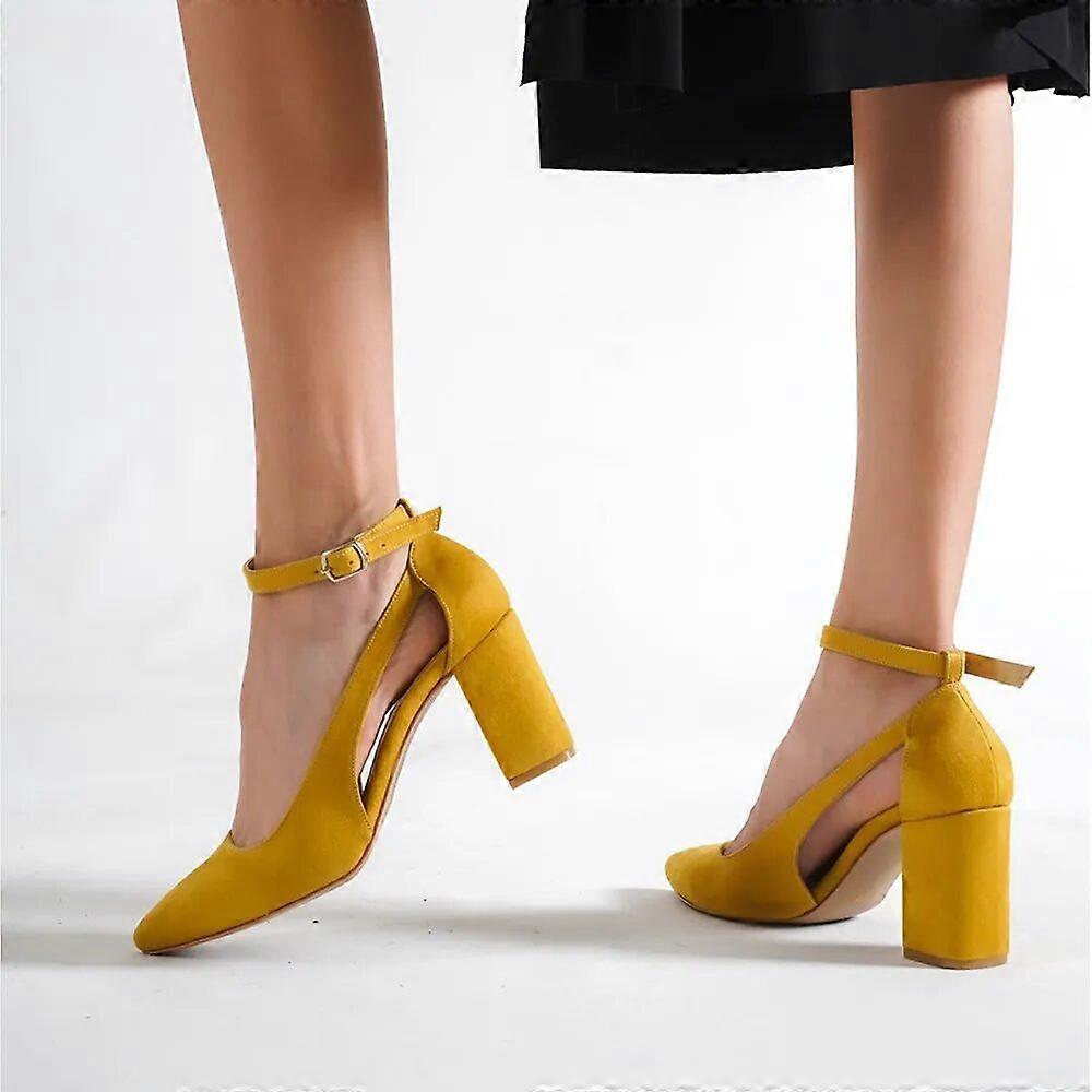 Womens Mustard Suede Block Heel Pumps RA-8030